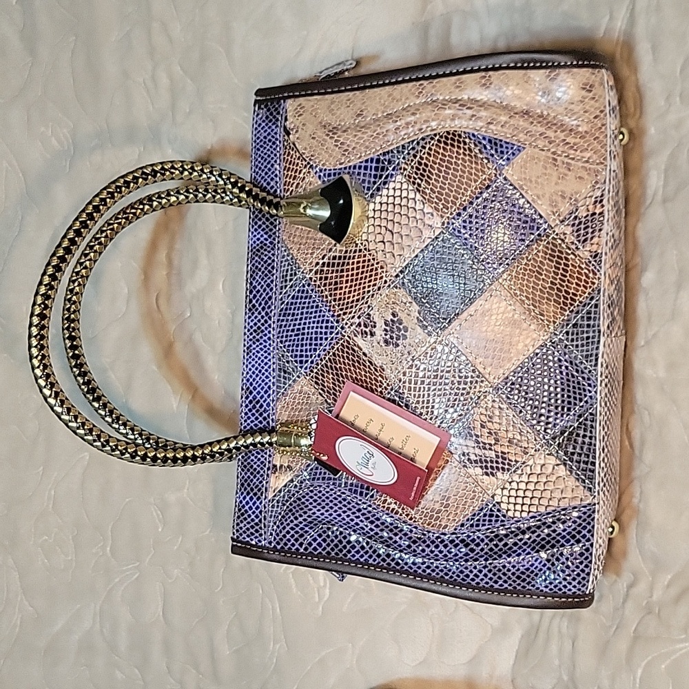 CHAOS BY ELSIE Set of 2 Multi Color Snake Print Genuine Leather Satchel Bag and
